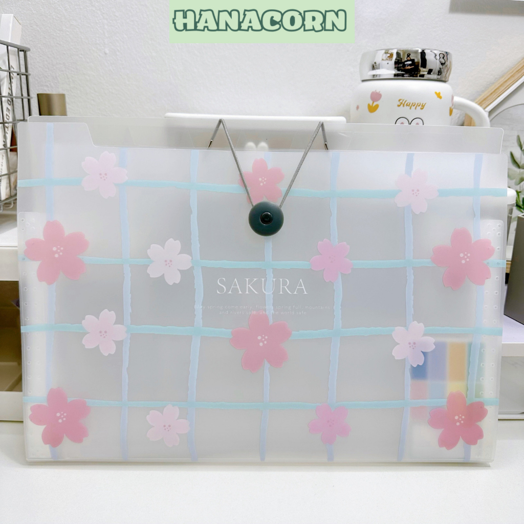 Cặp đựng tài liệu A4 8 ngăn HOA ANH ĐÀO hàng đẹp  HANACORN - Túi đựng tài liệu nhựa cứng cáp chống nước -CX175