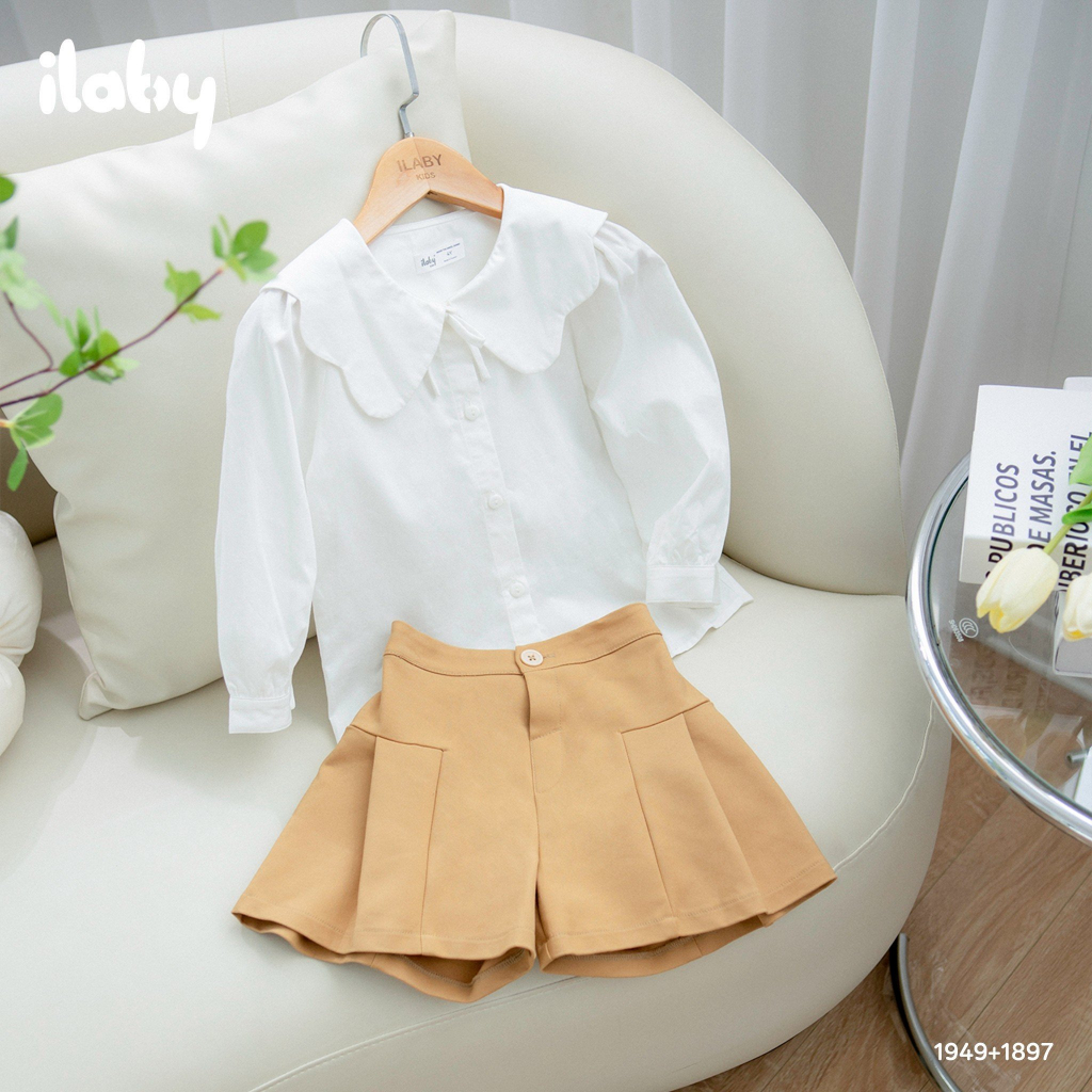 Áo sơ mi đi học bé gái ILABY cổ kiểu phối bèo chất liệu thô cotton cho bé 13-35kg