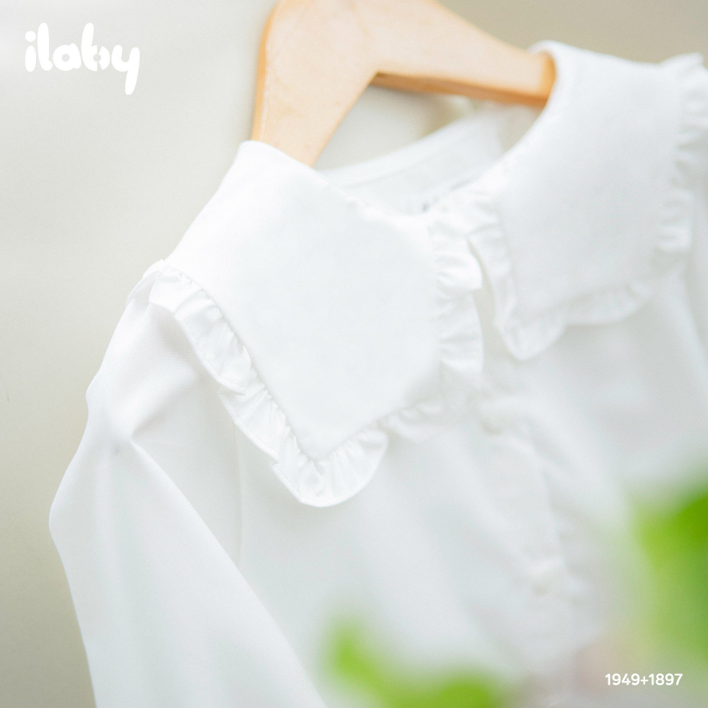 Áo sơ mi đi học bé gái ILABY cổ kiểu phối bèo chất liệu thô cotton cho bé 13-35kg