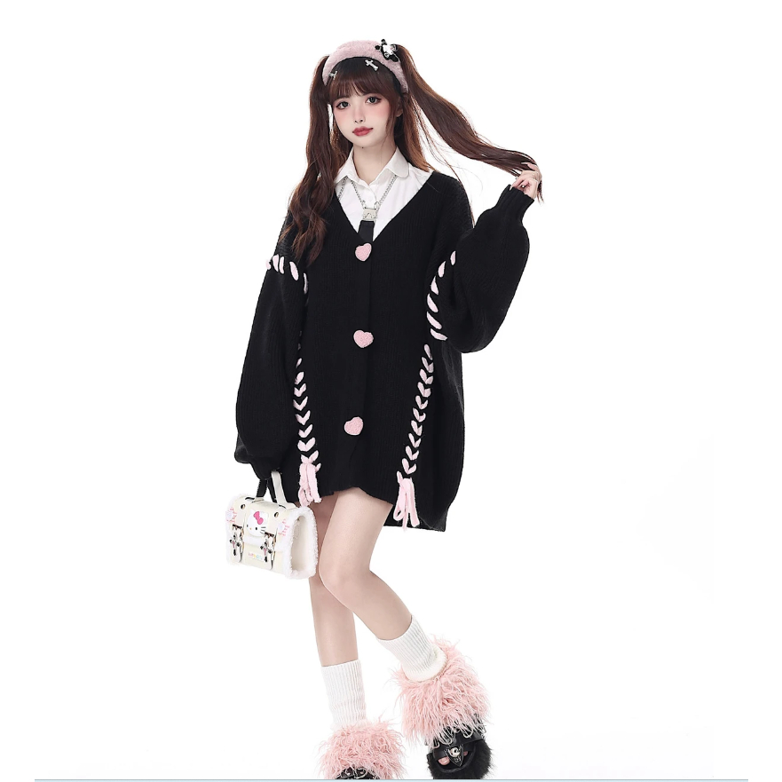 Áo cardigan len ulzzang nữ khuy trái tim thêu dây xương cá oversize trùm mông phong cách ngọt ngào len dày dặn thu đông