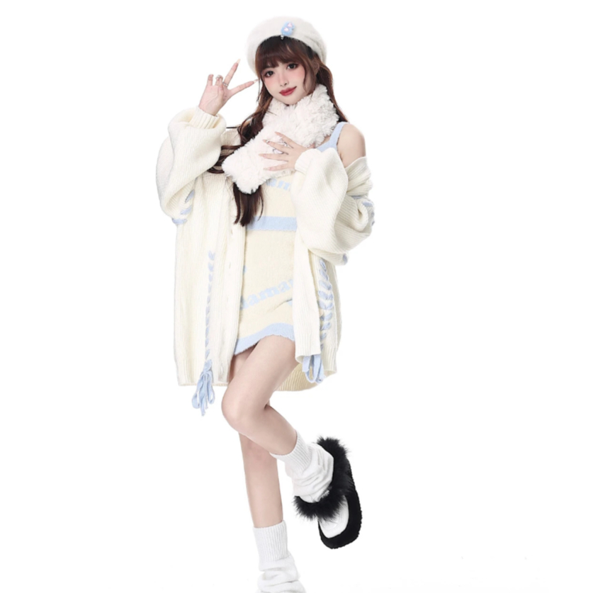 Áo cardigan len ulzzang nữ khuy trái tim thêu dây xương cá oversize trùm mông phong cách ngọt ngào len dày dặn thu đông