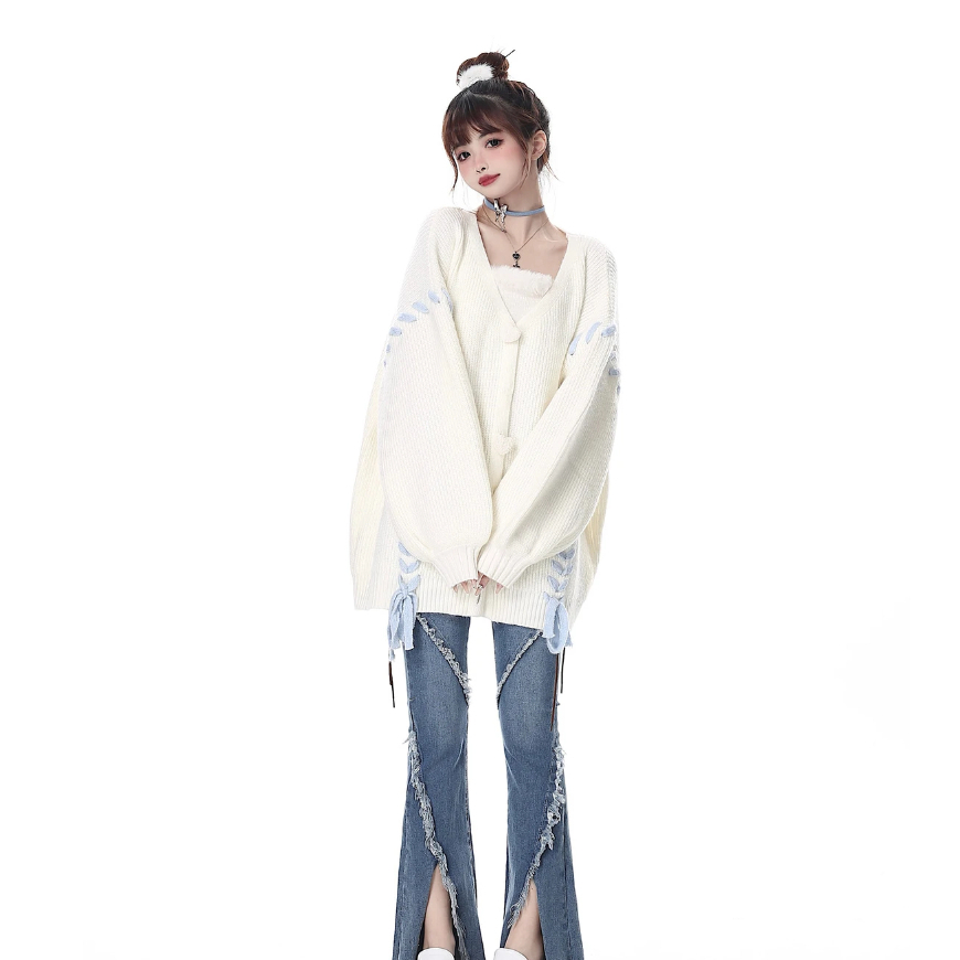 Áo cardigan len ulzzang nữ khuy trái tim thêu dây xương cá oversize trùm mông phong cách ngọt ngào len dày dặn thu đông