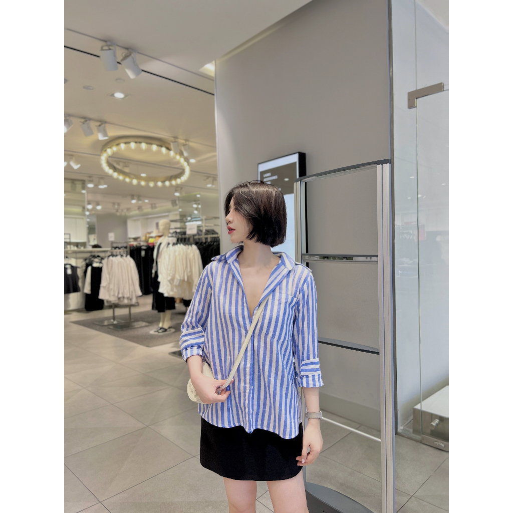 Áo sơ mi nữ dài tay HAANDESIGN thiết kế công sở chất liệu linen cao cấp không nhăn nhàu, kẻ sọc xanh trắng