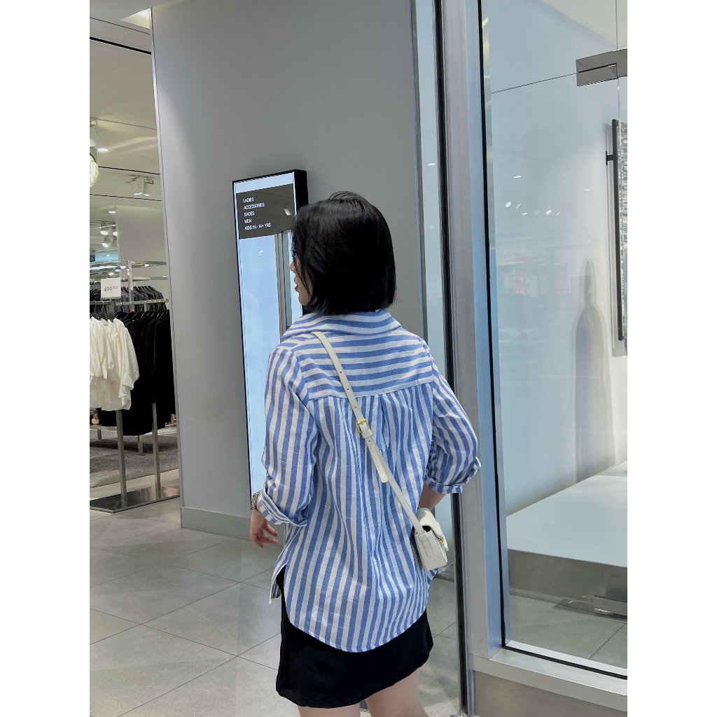 Áo sơ mi nữ dài tay HAANDESIGN thiết kế công sở chất liệu linen cao cấp không nhăn nhàu, kẻ sọc xanh trắng