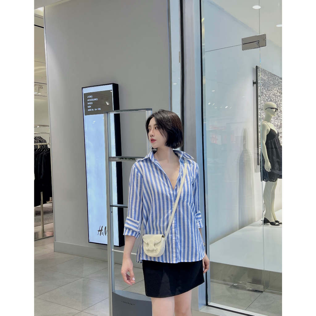 Áo sơ mi nữ dài tay HAANDESIGN thiết kế công sở chất liệu linen cao cấp không nhăn nhàu, kẻ sọc xanh trắng