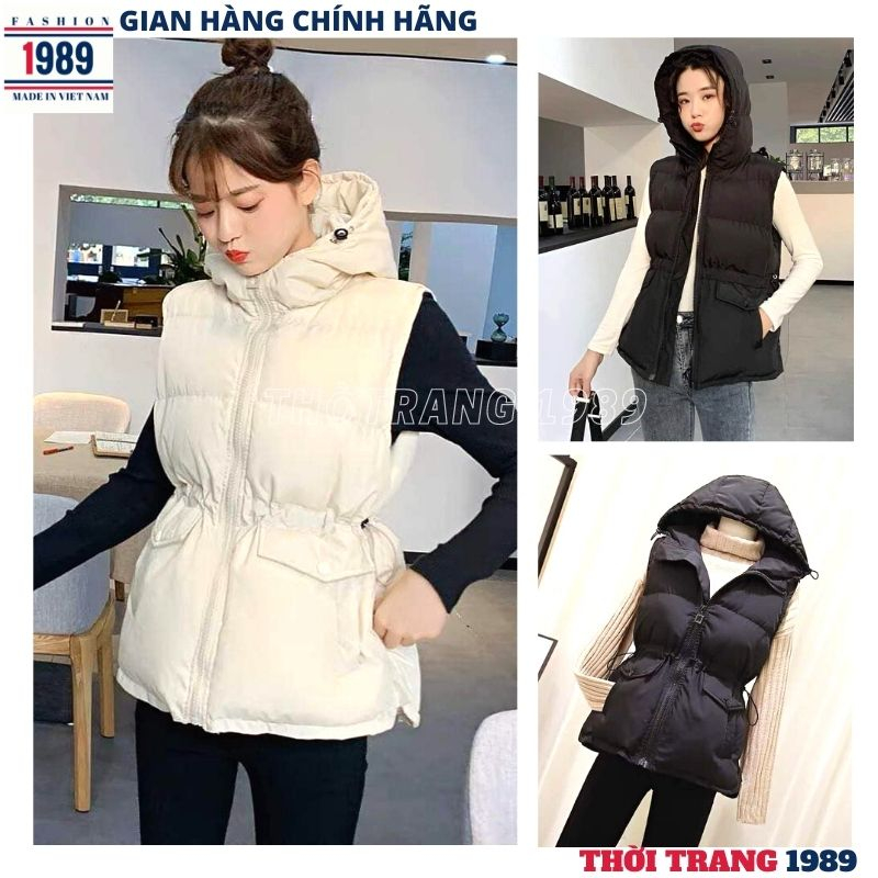 Áo gile phao túi vuông có mũ trùm đầu trần bông 3 lớp form rộng, áo khoác phao ngắn tay sát nách màu trắng đen dày dặn
