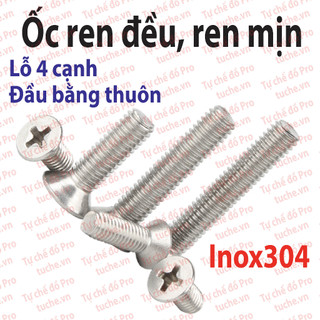 Ốc vít KM3/M3.5x14-150mm bu lông Inox 304, đầu bằng thuôn, lỗ 4 cạnh