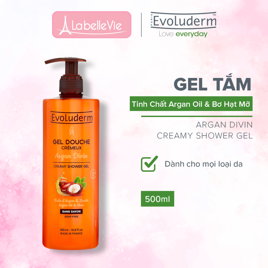 Gel tắm dưỡng dịu nhẹ cho da Evoluderm tinh chất Argan và Bơ Hạt Mỡ 500ml