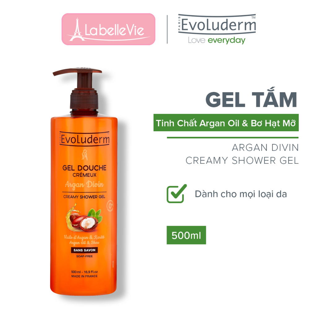 Gel tắm dưỡng dịu nhẹ cho da Evoluderm tinh chất Argan và Bơ Hạt Mỡ 500ml