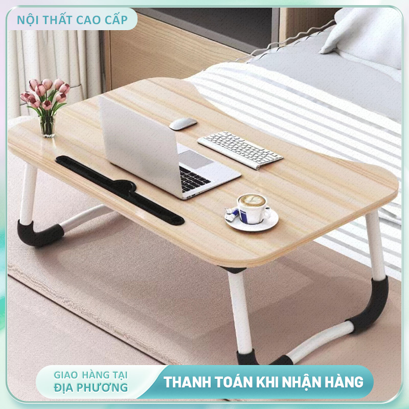 Bàn Gỗ Đa Màu Sắc Bàn Lười Gấp Gọn Bàn Học Ngồi Giường Tiện Lợi Có Khay Để Điện Thoại, USB Đựng Ly C