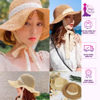 Nón cói vintage móc tay ren du lịch, đi biển phối nơ có thể gấp gọn chuẩn loại xịn sò-MaxiTinTin