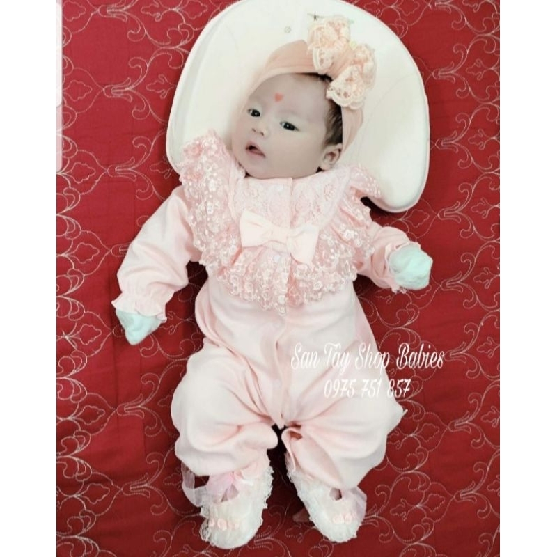 Bộ bé gái - bộ dài tay dài chân kèm mũ nơ ren cho bé