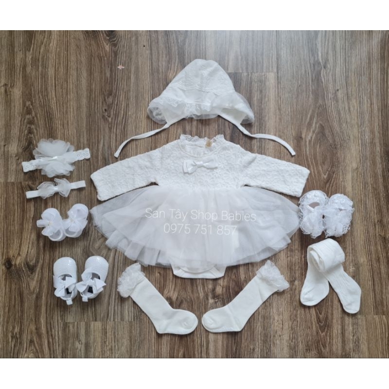 Body váy ren nơ dài tay kèm mũ cho bé từ đầy tháng - 12M