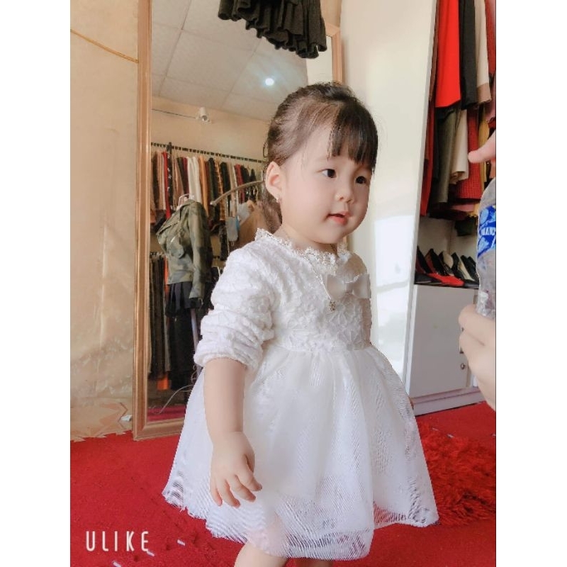 Body váy ren nơ dài tay kèm mũ cho bé từ đầy tháng - 12M
