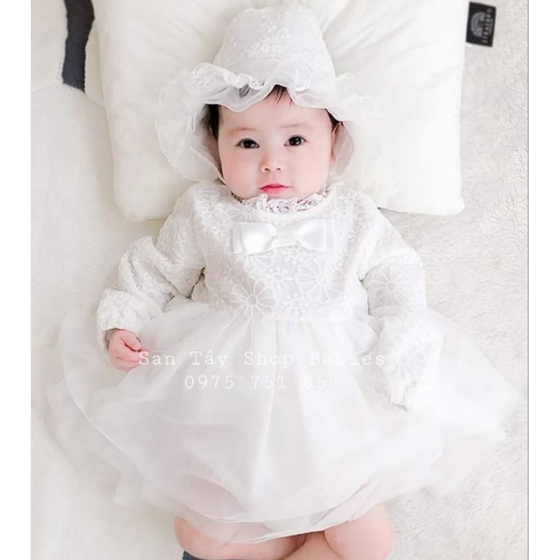 Body váy ren nơ dài tay kèm mũ cho bé từ đầy tháng - 12M
