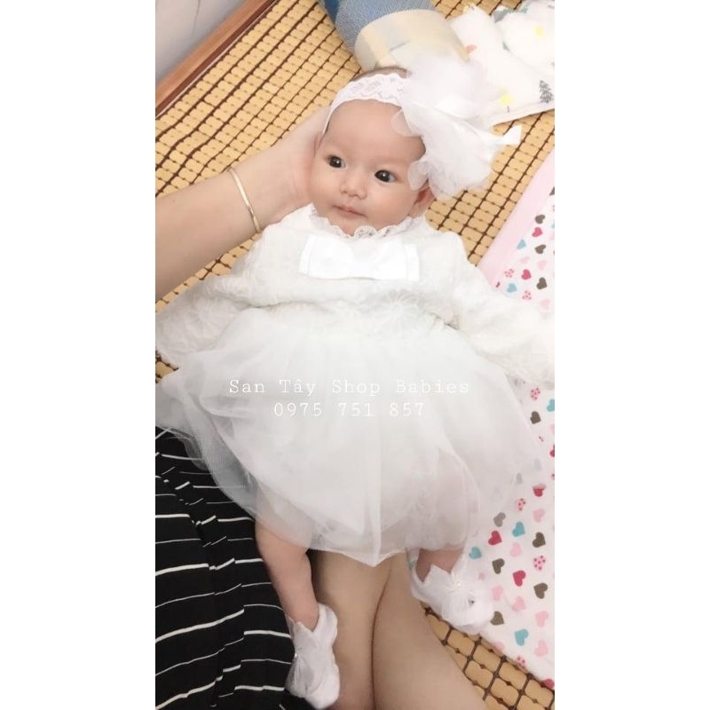 Body váy ren nơ dài tay kèm mũ cho bé từ đầy tháng - 12M