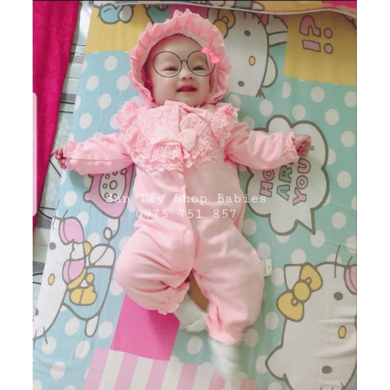 Bộ bé gái - bộ dài tay dài chân kèm mũ nơ ren cho bé