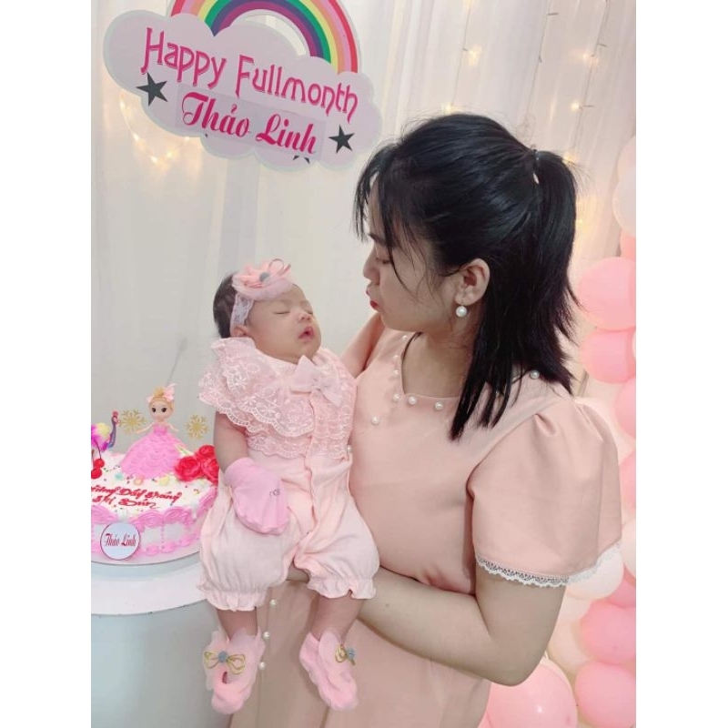 Bộ bé gái - Body cộc ren nơ ngực cho bé