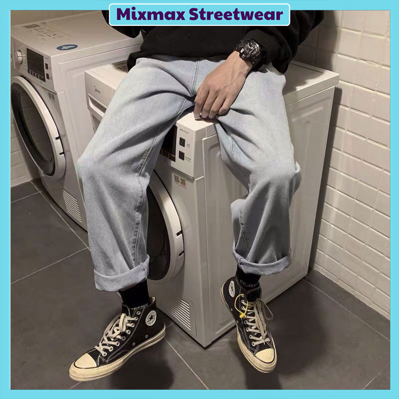 Quần bò jeans ống rộng nam trơn xanh nhạt oversize hiphop Ulzzang siêu chất