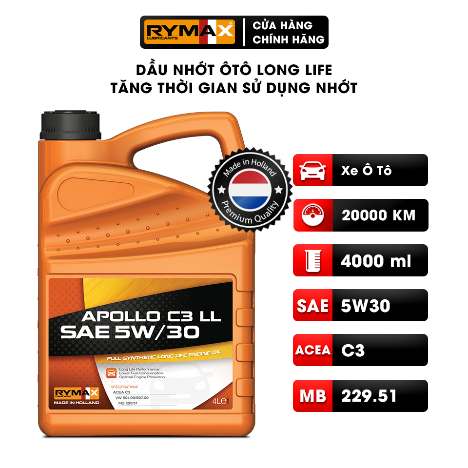 Dầu nhớt Ôtô - Xe hơi tăng thời gian sử dụng nhớt Rymax Apollo C3 LL SAE 5W30  - Hàng nhập khẩu Châu Âu
