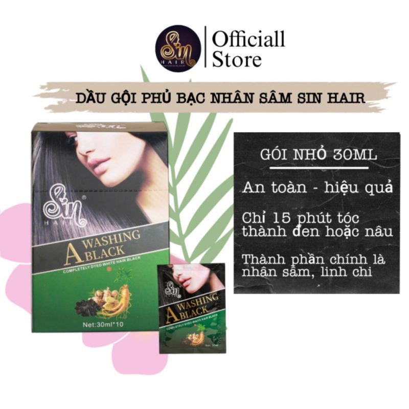 Dầu gội phủ bạc sin hair màu đen nhộm tóc tự nhiên tinh chất nhân sâm 30ml (hộp 10 gói)