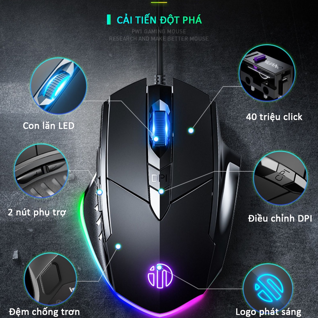 Chuột máy tính gaming chơi game Inphic P1W bản có dây và không dây tắt âm silent 7200 DPI Led RGB - Chính hãng