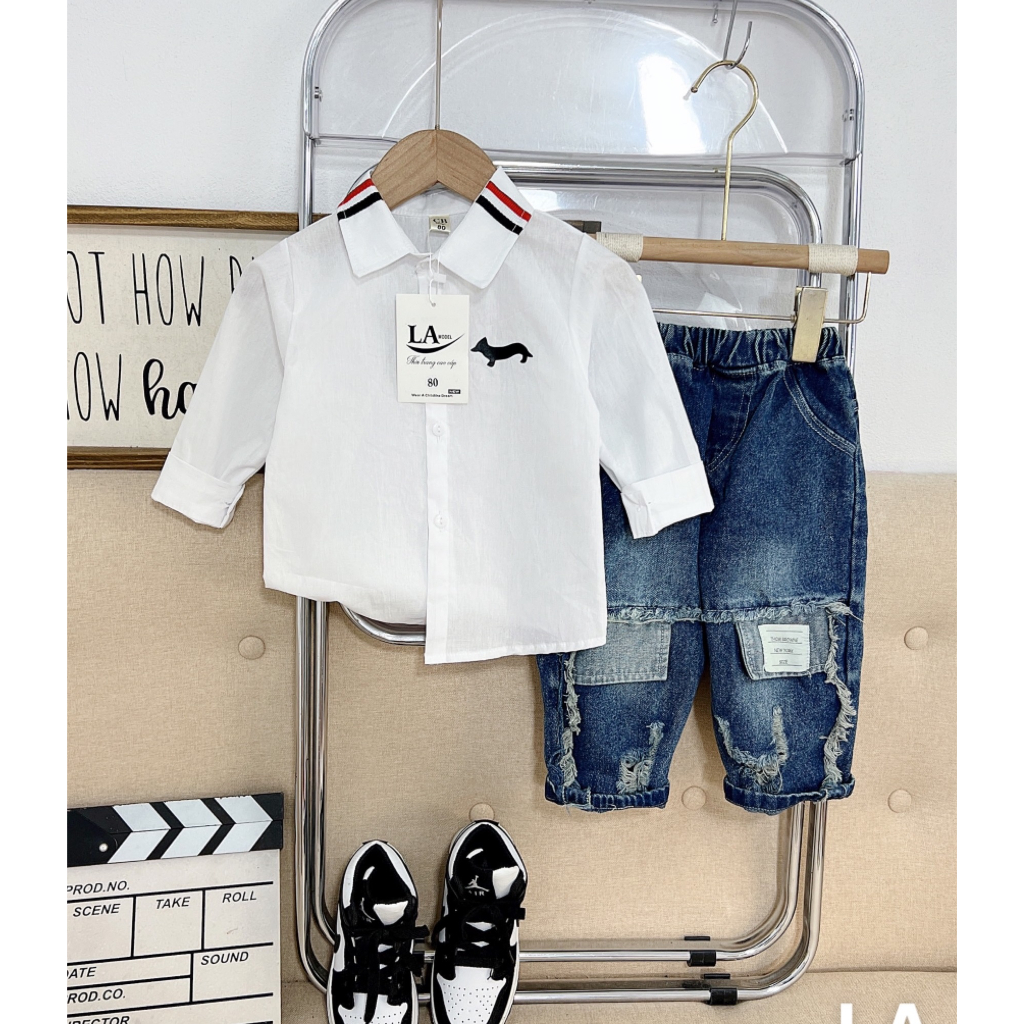 SIZE 8-28KG: Bộ sơ mi ngắn tay phối quần jeans cực chất cho bé trai - BSMQJ