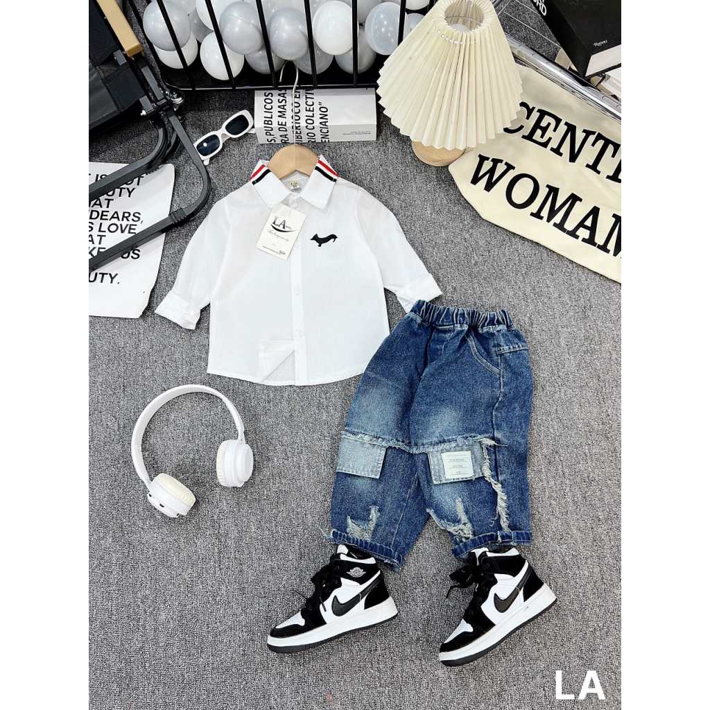 SIZE 8-28KG: Bộ sơ mi ngắn tay phối quần jeans cực chất cho bé trai - BSMQJ