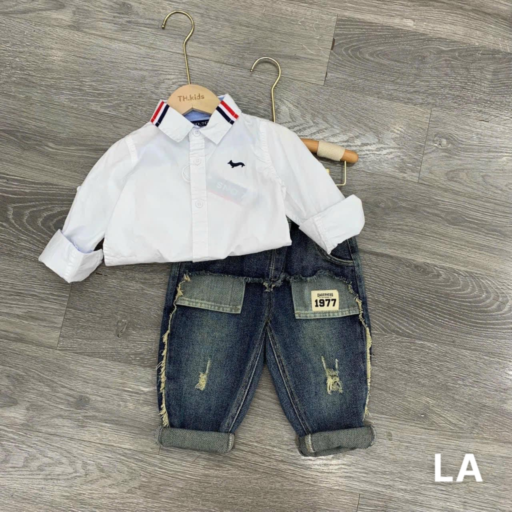 SIZE 8-28KG: Bộ sơ mi ngắn tay phối quần jeans cực chất cho bé trai - BSMQJ