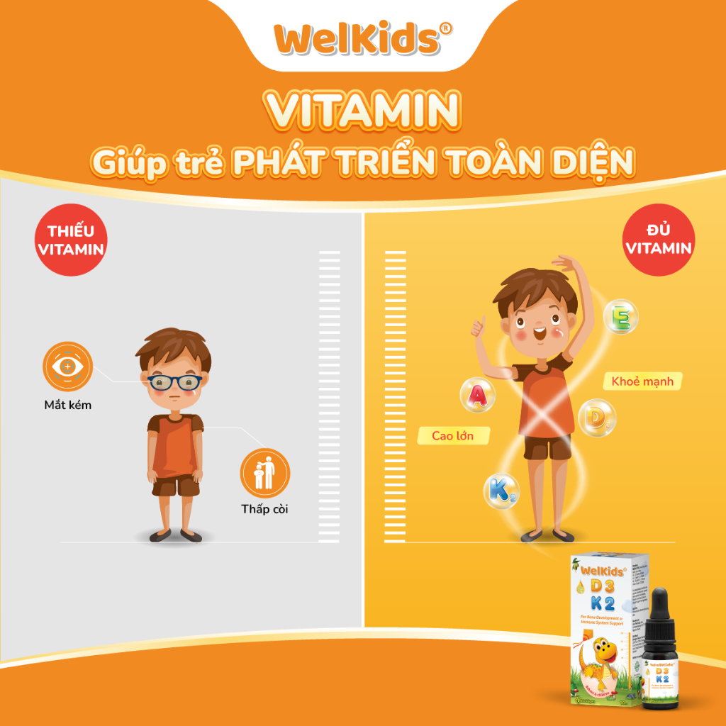 WelKids D3K2 tinh khiết bổ sung vitamin D3 K2 MK7 tan trong dầu olive hữu cơ tăng chiều cao cho bé dung tích 10ml