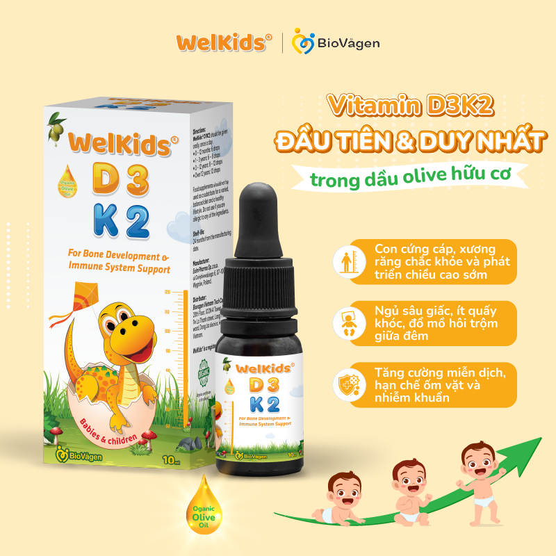 WelKids D3K2 tinh khiết bổ sung vitamin D3 K2 MK7 tan trong dầu olive hữu cơ tăng chiều cao cho bé dung tích 10ml