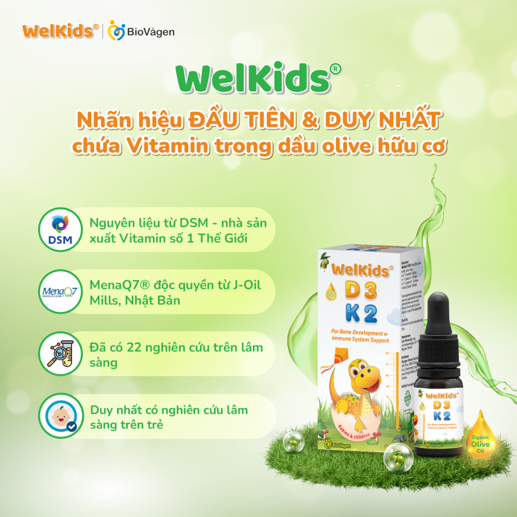 WelKids D3K2 tinh khiết bổ sung vitamin D3 K2 MK7 tan trong dầu olive hữu cơ tăng chiều cao cho bé dung tích 10ml