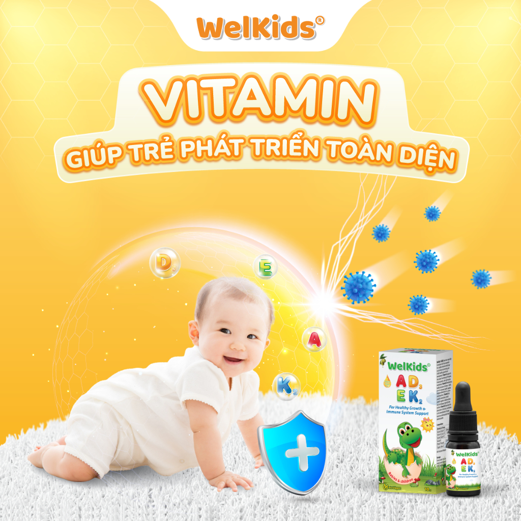 WelKids ADEK tinh khiết bổ sung vitamin A,E và D3 K2 MK7 tan trong dầu olive hữu cơ tăng chiều cao cho bé dung tích 10ml