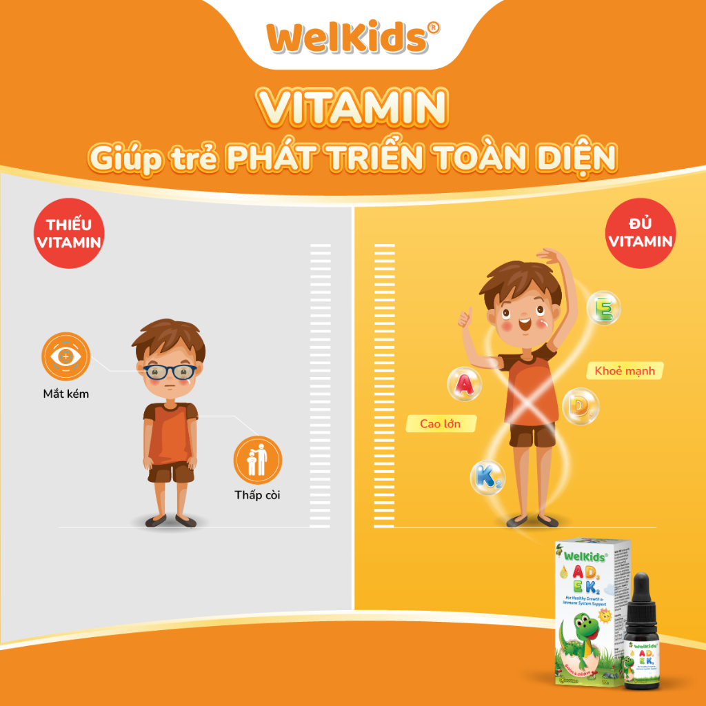 WelKids ADEK tinh khiết bổ sung vitamin A,E và D3 K2 MK7 tan trong dầu olive hữu cơ tăng chiều cao cho bé dung tích 10ml