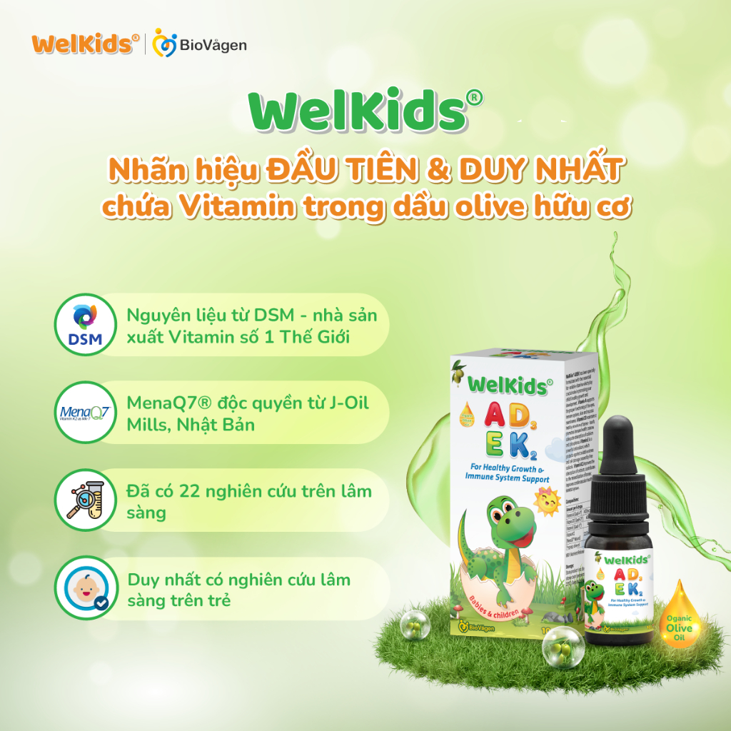 WelKids ADEK tinh khiết bổ sung vitamin A,E và D3 K2 MK7 tan trong dầu olive hữu cơ tăng chiều cao cho bé dung tích 10ml