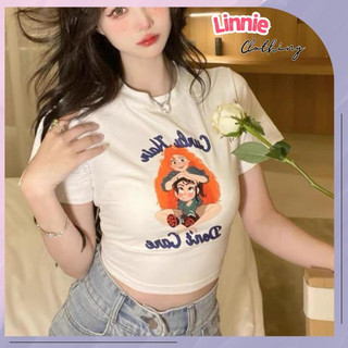 Áo croptop nữ ngắn tay cổ tròn in hoạ tiết Linnie, Áo kiểu nữ ôm body cực tôn dáng C26