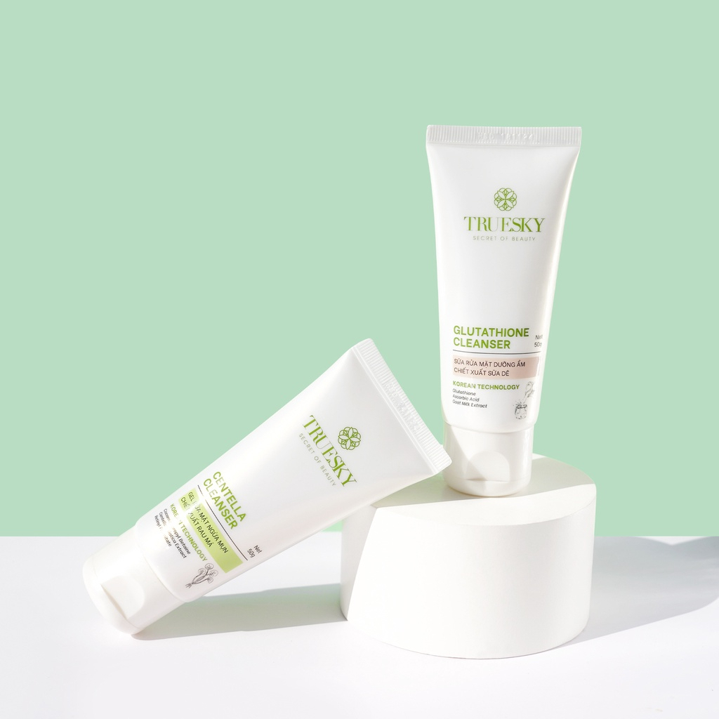 Combo dưỡng trắng và ngừa mụn da mặt Truesky gồm 1 gel rửa mặt rau má 50g +1 sữa rửa mặt sữa dê 50g