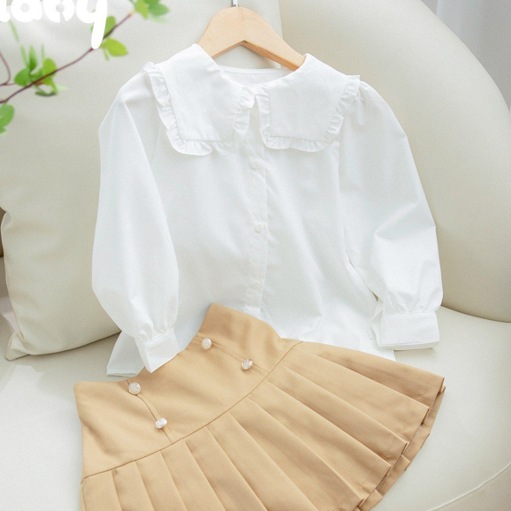 Áo sơ mi đi học bé gái ILABY cổ kiểu phối bèo chất liệu thô cotton cho bé 13-35kg