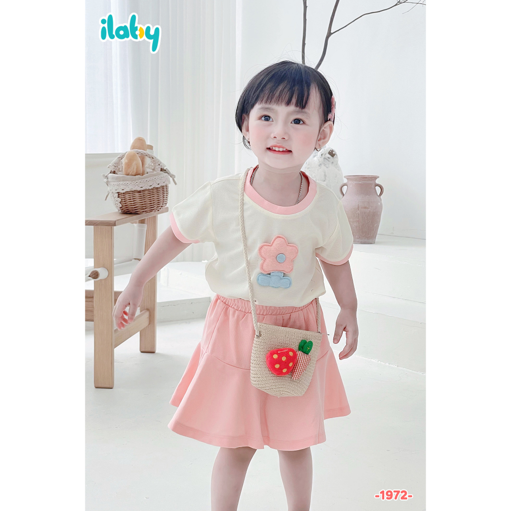 Set váy thun bé gái ILABY áo đính hoa nổi chân váy trơn kèm lót chất liệu thun tổ ong cho bé 10-35kg
