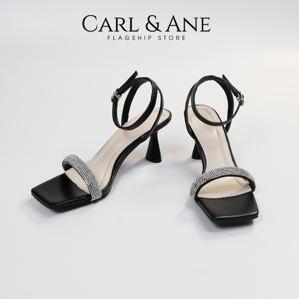 Carl & Ane - Giày sandal cao gót quai ngang đính đá gót nhọn cao màu đen - WD011