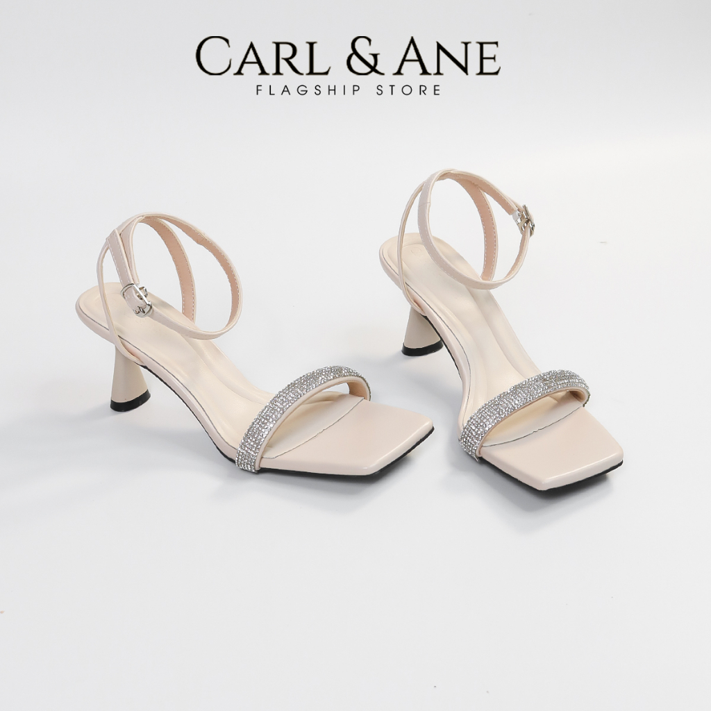 Carl & Ane - Giày sandal cao gót quai ngang đính đá gót nhọn cao màu đen - WD011