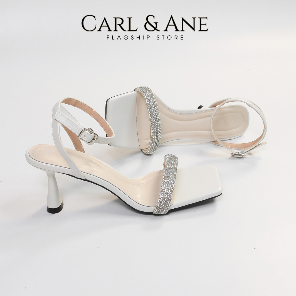 Carl & Ane - Giày sandal cao gót quai ngang đính đá gót nhọn cao màu đen - WD011