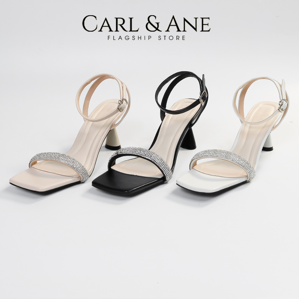 Carl & Ane - Giày sandal cao gót quai ngang đính đá gót nhọn cao màu đen - WD011