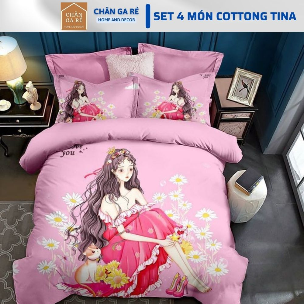Bộ chăn ga gối Cotton Tina cao cấp, set chăn ga gối cotton cao cấp nhập khẩu đủ kích thước cho bé chọn mẫu