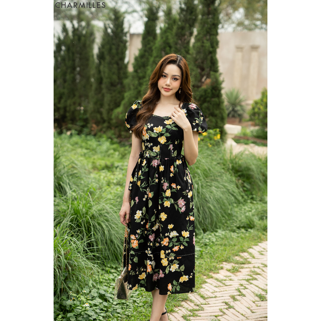 Đầm Charmilles đen tay bồng hoa nhí 23MD090DE