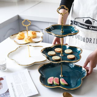 Đĩa sứ ba tầng vân đá, khay sứ ba tầng mầu hồng cao cấp Huy decor