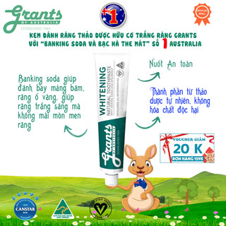 Kem đánh răng Grants of Australia thảo dược hữu cơ- Banking soda 110g, giúp đánh bật mảng bám, trắng răng, an toàn