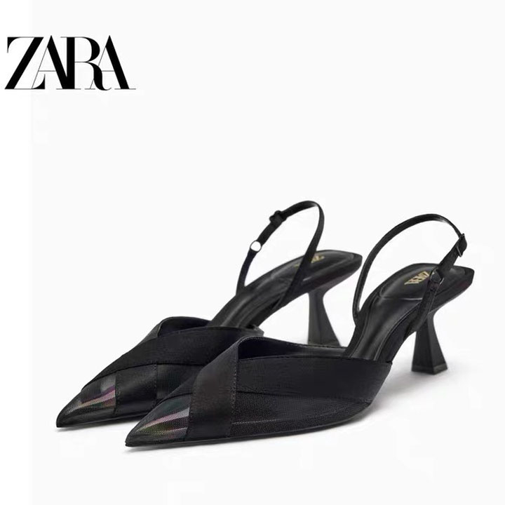 Giày sục guốc cao gót mũi nhọn slingback quai hậu phối lưới đan chéo gót nhọn cao 5cm Ailee [7769]