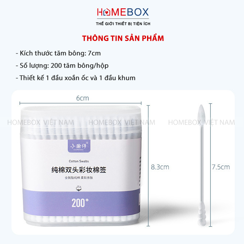 Hộp 200 Tăm Bông 2 Đầu Y Tế Kháng Khuẩn Vệ Sinh Tai, Mũi - Tăm bông ngoáy tai mềm mịn sử dụng tiện lợi chăm sóc tai