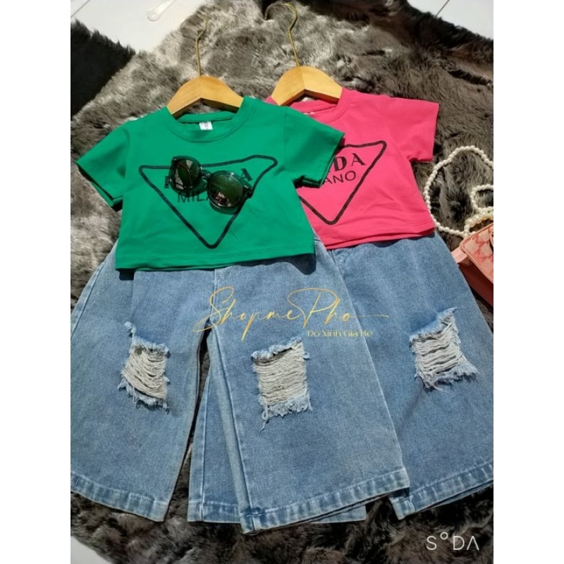 R1-Set jean áo croptop bé gái 10-22kg